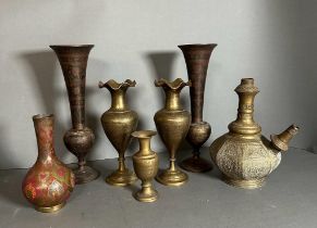 A selection of seven Persian copper and brass vases