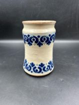 'Talavera Po Blana' Mexican Albarello from Puebla, blue and white, approximately 14cm in height AF