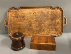A wooden tray with scrolling corners, wooden cigarette box and a tobacco lidded storage jar