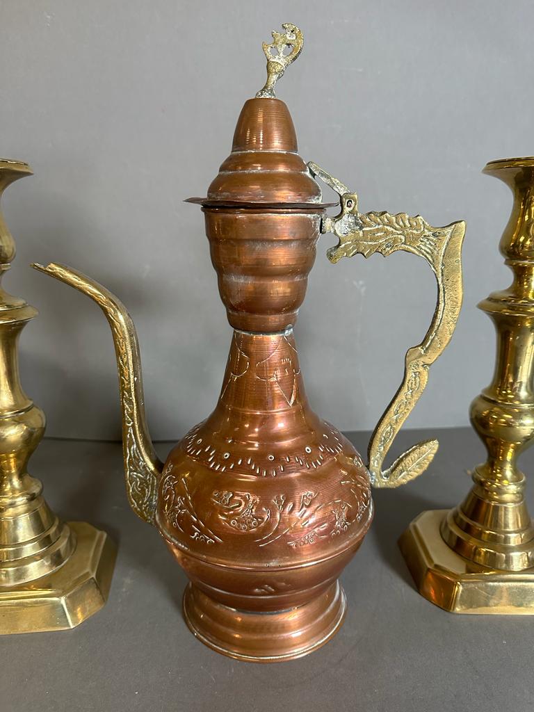 Two pairs of brass candlesticks, (One set 28.5cm and 16cm tall) Along with a Persian coffee pot - Image 2 of 4