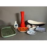 A selection of pottery to include a German vase, Poole pottery dish and others