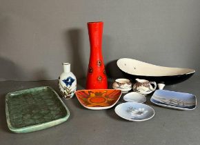 A selection of pottery to include a German vase, Poole pottery dish and others
