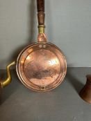 Three copper items a kettle, bed pan and small coffee pot