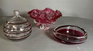 Three pieces of pink/cranberry Art glass Condition Report good condition