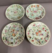 Four Celadon porcelain Famille pates, decorated in enamels with birds (Dia19cm)