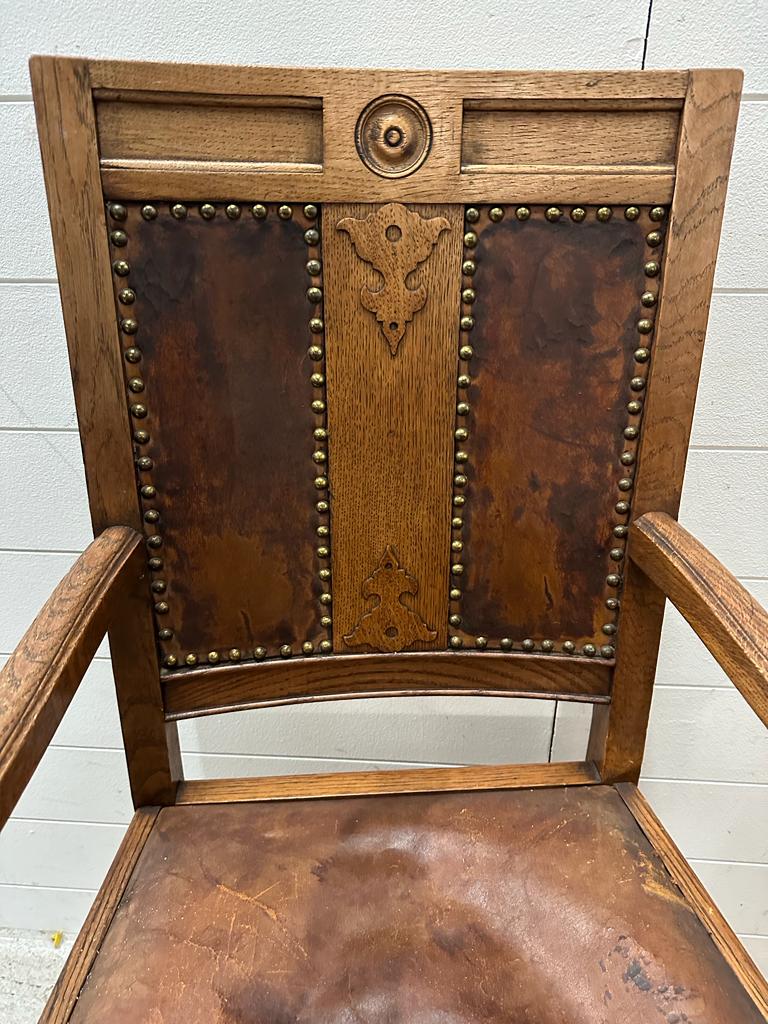 An oak carved leather seated arm chair on turned supports and legs - Image 2 of 5