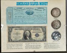 Framed American silver money Morgan Type, Peace type bank notes and some silver.