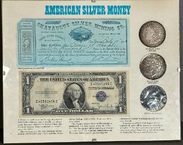 Framed American silver money Morgan Type, Peace type bank notes and some silver.