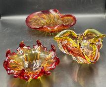 Three Murano and Czech Art glass pinch and twisted bowl fire reds and yellow (W26cm) Condition