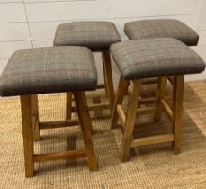 Four light oak stools with herringbone fabric (H60cm W42cm D31cm)
