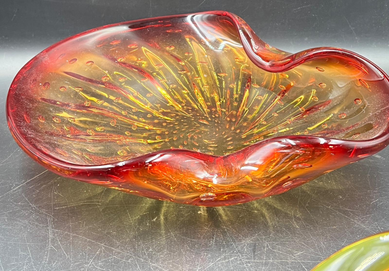 Three Murano and Czech Art glass pinch and twisted bowl fire reds and yellow (W26cm) Condition - Image 3 of 7