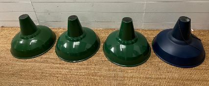 Four Industrial Green Enamel lamp shades by Thorlux