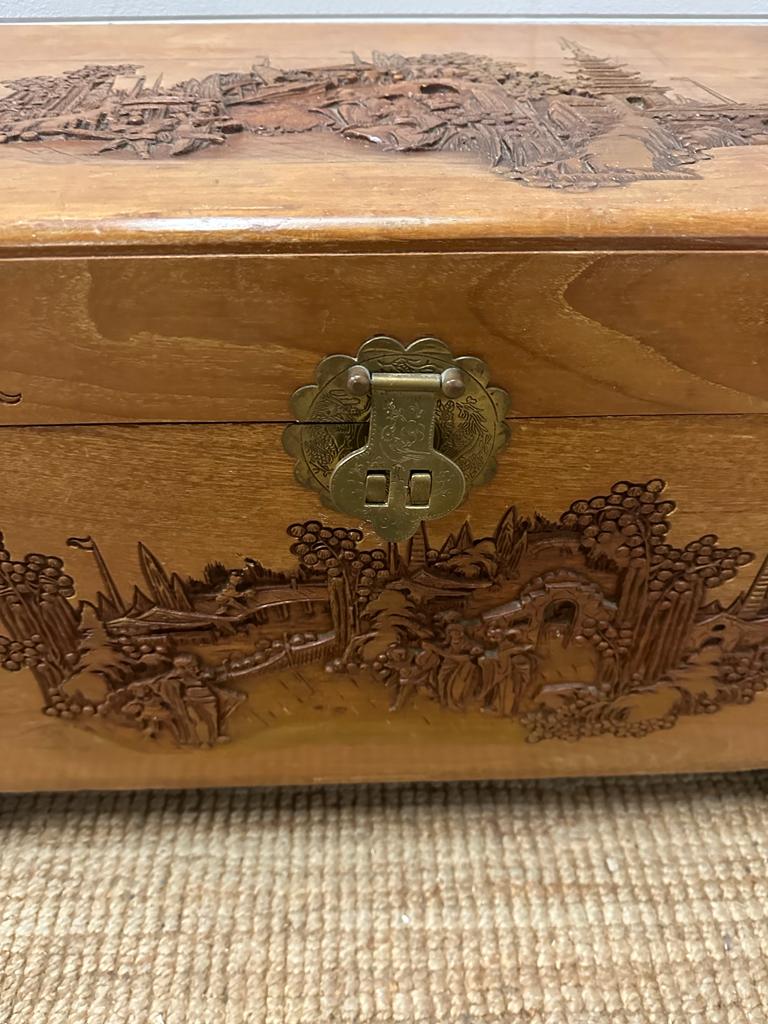 A Chinese carved camphor chest with brass fittings and lock - Image 6 of 6