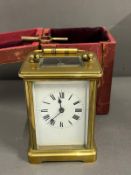 Edwardian eight day brass carriage clock with key and traveling case AF Condition Report NOT WORKING