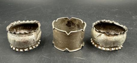 Three silver napkin rings various hallmarks and makers (Approximate Total Weight 60g)