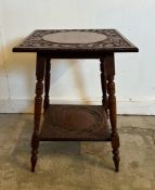 A Chinese two tier side table with carved dragon top (H63cm W46cm D46cm)