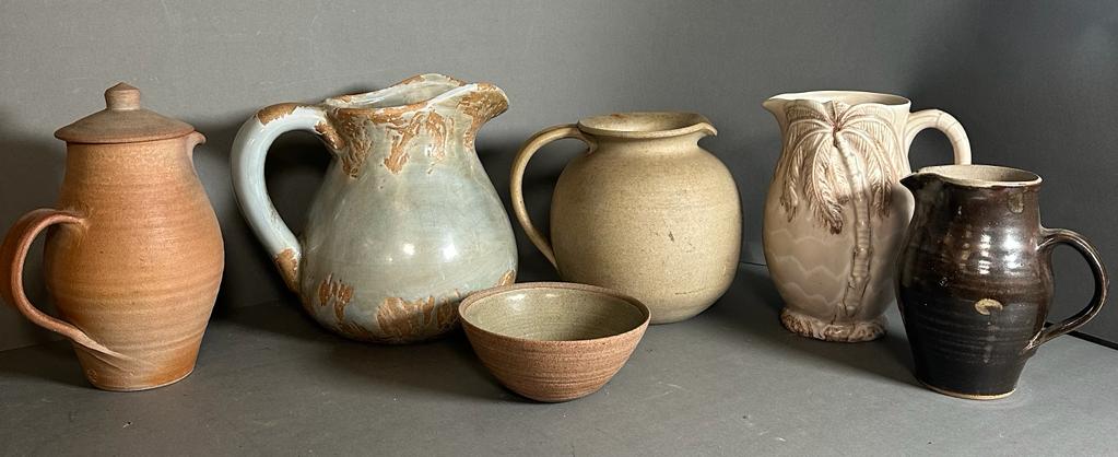 A selection of Studio pottery to include jugs and a bowl