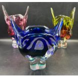 Three Bohemian Czean Art glass, pinks, blues and neon including Joseph Hospodka Condition Report