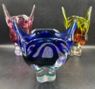 Three Bohemian Czean Art glass, pinks, blues and neon including Joseph Hospodka Condition Report