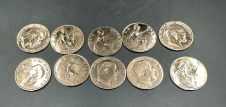 A selection of ten gilded one penny pieces Edward VII.