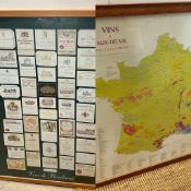 A poster of Frances wine regions and vin yards and framed wine labels (SQ95cm)