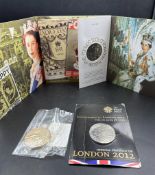 Three collectable Five Pound coins: Countdown to London 2012, Coronation Anniversary 1926-2006 Vivat