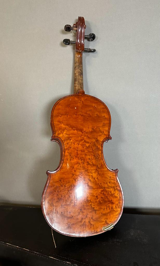 A violin and bow made in Saxony, case AF bow and violin in need of new strings and hair. - Image 4 of 5