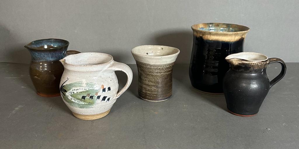 Five Studio pottery items, jugs, a vase and a beaker