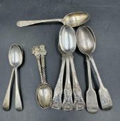 A selection of silver spoons, various styles, hallmarks and makers ( Approximate Total weight 235g)