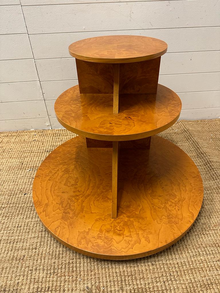 A French Art Deco style bur elm ,three tier table comprising of three graduated disks on flat - Image 3 of 6