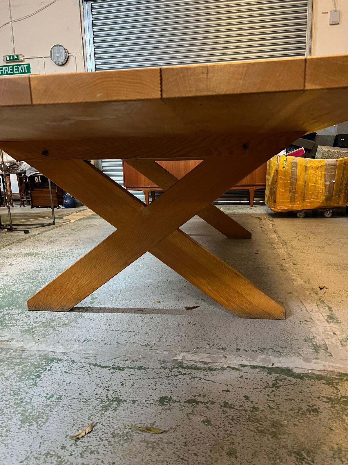 A large six plank light oak refectory table with X frame legs (H76cm W305cm D121cm) - Image 2 of 5