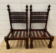 Two hard wood carved Wedding chairs with pierced backs on block feet