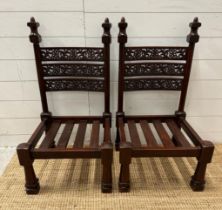 Two hard wood carved Wedding chairs with pierced backs on block feet