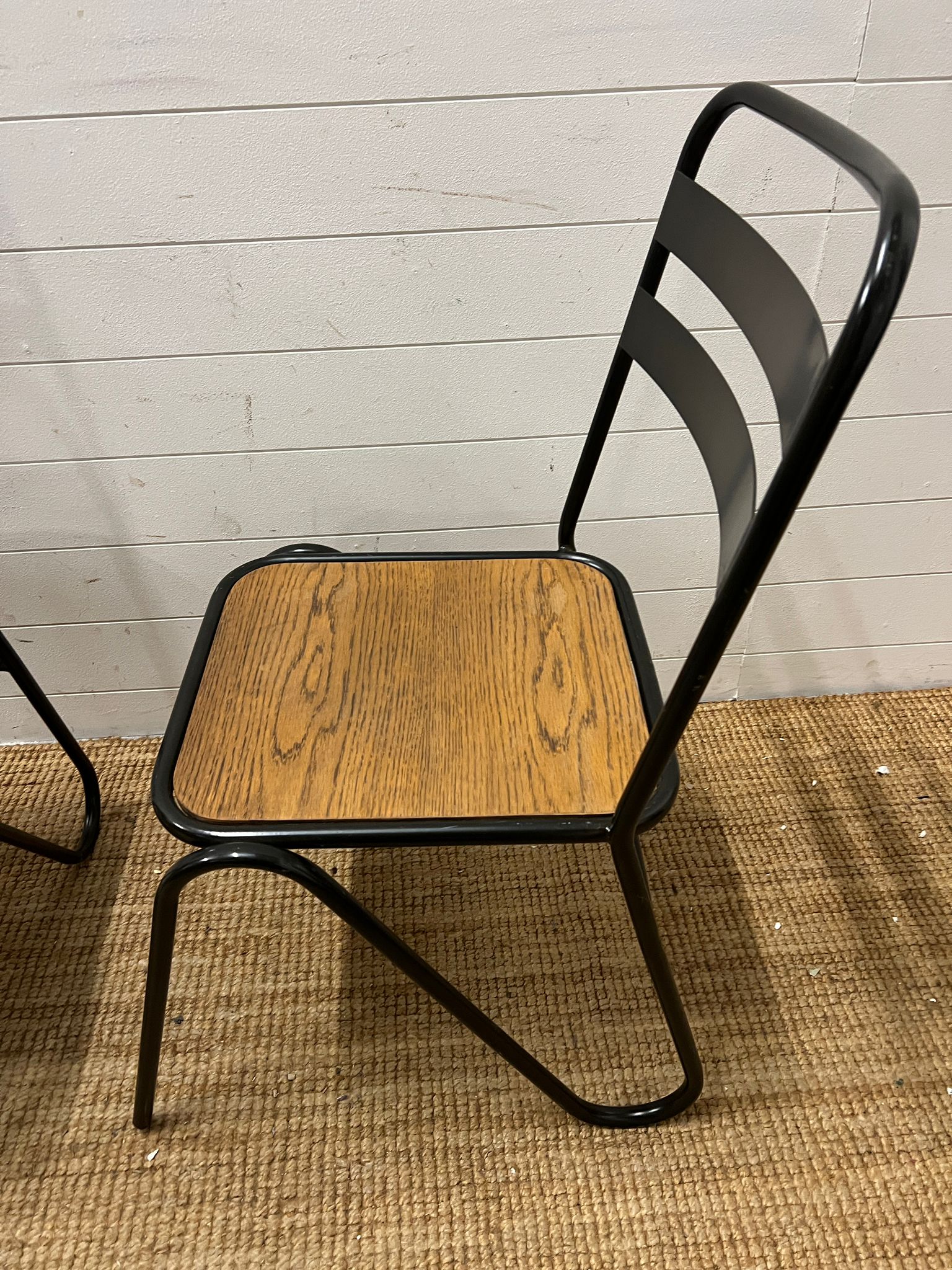 A pair of contemporary industrial style sacking chairs with wooden seat and metal hair pin style - Image 3 of 5