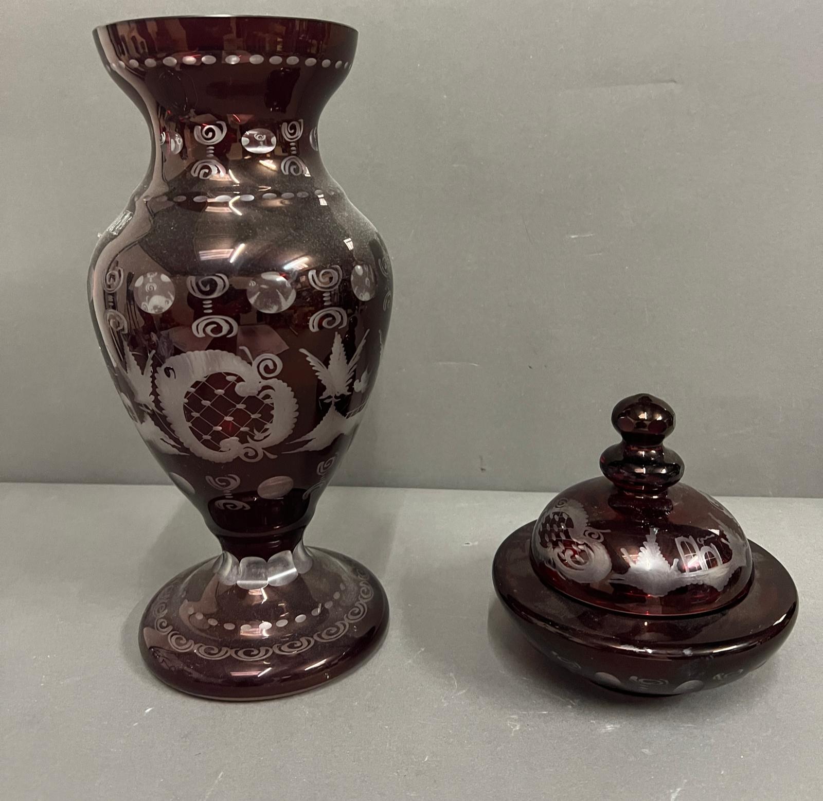 An encased Bohemian glass vase and lidded dish (H32cm)