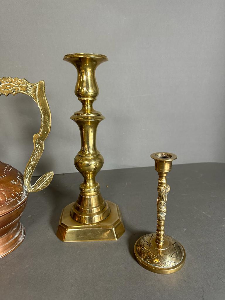 Two pairs of brass candlesticks, (One set 28.5cm and 16cm tall) Along with a Persian coffee pot - Image 3 of 4
