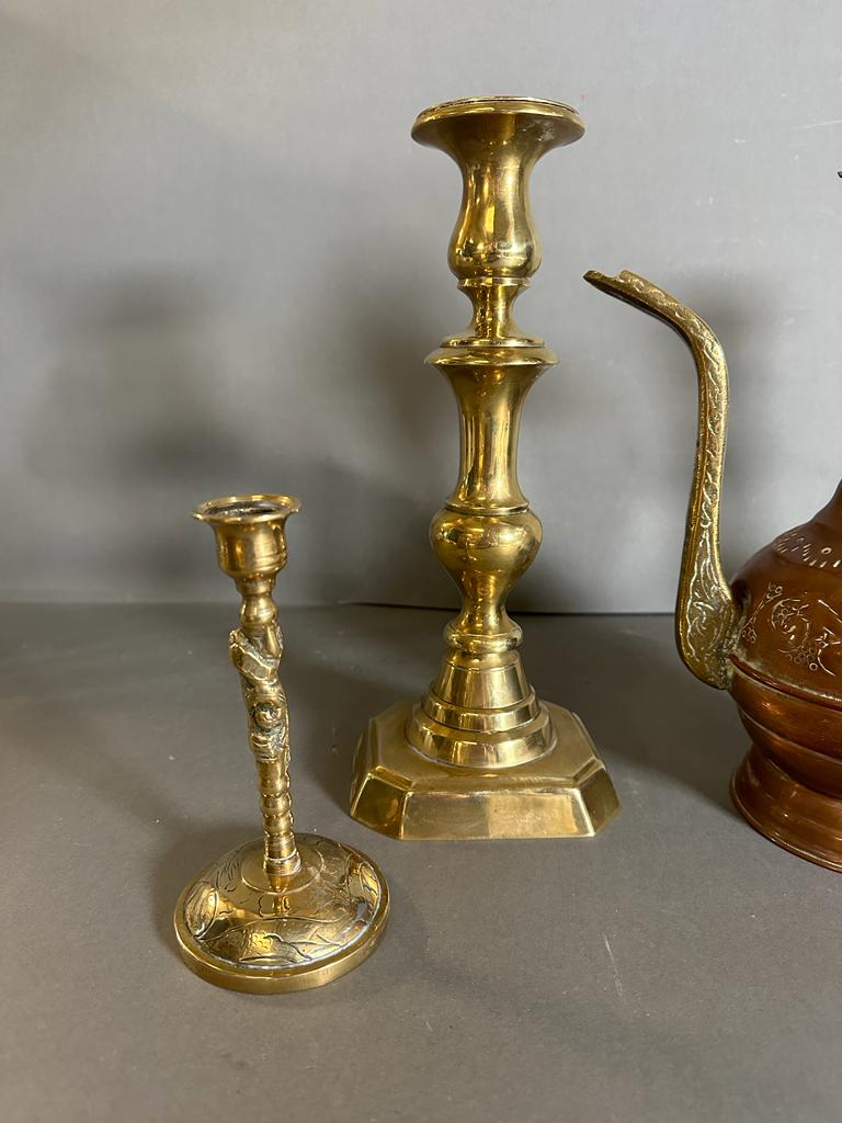 Two pairs of brass candlesticks, (One set 28.5cm and 16cm tall) Along with a Persian coffee pot - Image 4 of 4