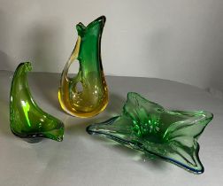 Three pieces of green Art glass sculpture jug and two dishes Condition Report Good condition