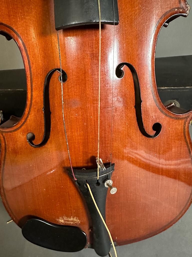 A violin and bow made in Saxony, case AF bow and violin in need of new strings and hair. - Image 5 of 5