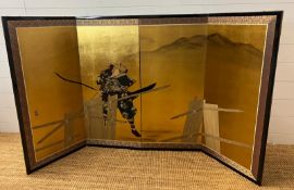 A Japanese four fold screen of a warrior painted on paper, signed. (43cm x 92cm each panel)