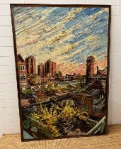 Townscape with forsythia by Edward Beale (6ft x 4ft)