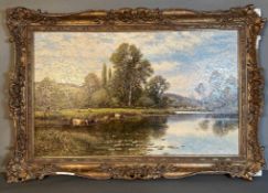 An oil on canvas, Alfred Augustus Glendenning (1861-1907). A pastoral lakeside scene signed lower