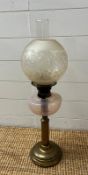 A Victorian brass table oil lamp with etched shade (H66cm)