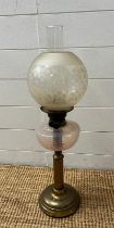 A Victorian brass table oil lamp with etched shade (H66cm)