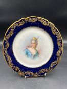 An 18th Century Sèvres hand-painted and parcel-gilt cobalt porcelain portrait plate of the Duchess