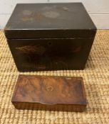 A painted wooden box with exotic birds and flowers to side and top along with a walnut inlaid box (