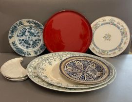 A selection of china serving dishes, platters and cake stand, various makers and sizes