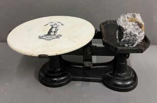 Victorian Weighting scales and porcelain weighing plate.