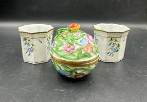 A Pair of Herend porcelain bowls and a lidded porcelain lidded bowl.