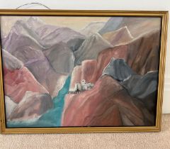 "Sheep on a cliff top" in a gilt frame, unknow artist (48cm x 35cm)